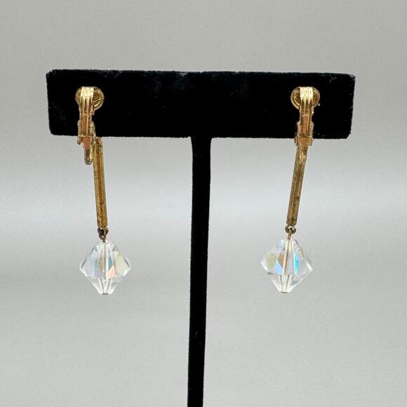 Vintage Gold Filigree Ball Aurora Borealis Crystal Drop Clip on Earrings - Picture 4 of 13